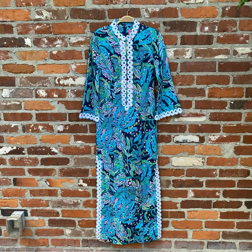 Lilly Pulitzer Shealyn Caftan Maxi Dress Catty Purrsonality Blue Size 0 NWT - Picture 3 of 10